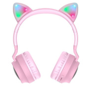 Наушники кошачьи ушки HOCO W27 Cat Ear Bluetooth с RGB подсветкой, микрофоном и MicroSD Розовые с серым